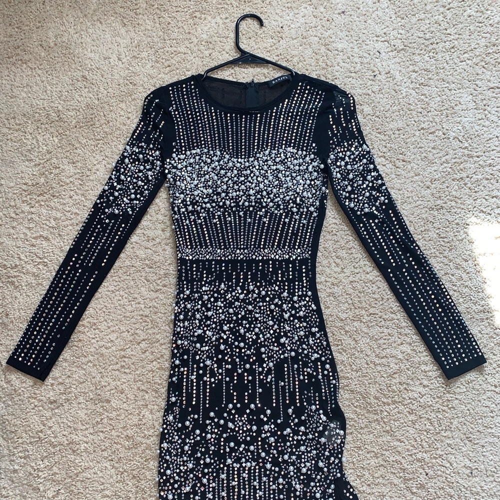 Black studded dress with crystals and pearls